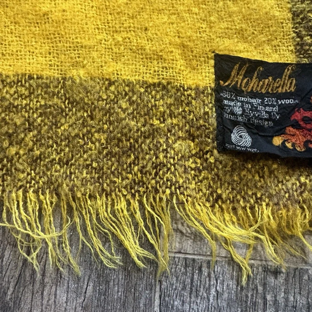 Vtg Mohair & Wool Throw Blanket Yellow Brown Red Fringe 60x48